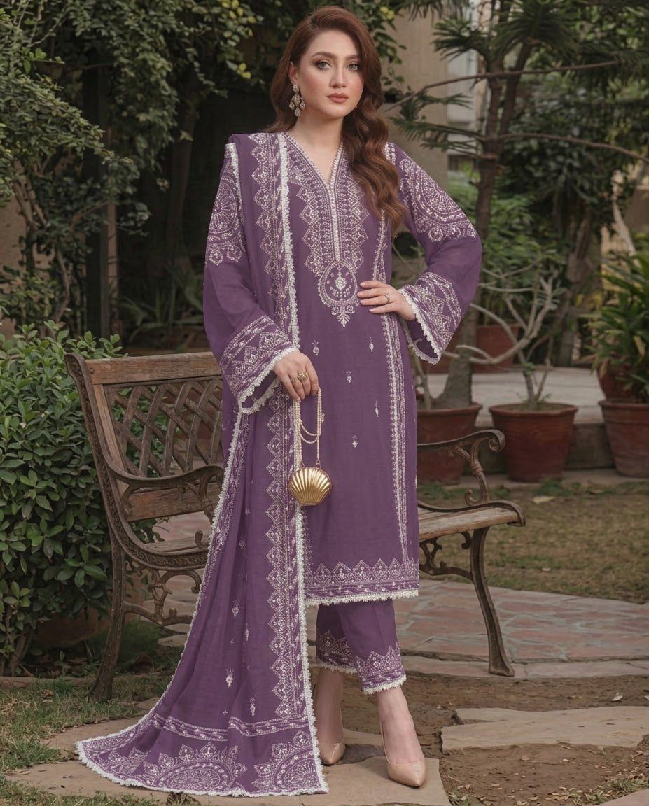 Dhanak embroidered luxury unstitched 3pc suit